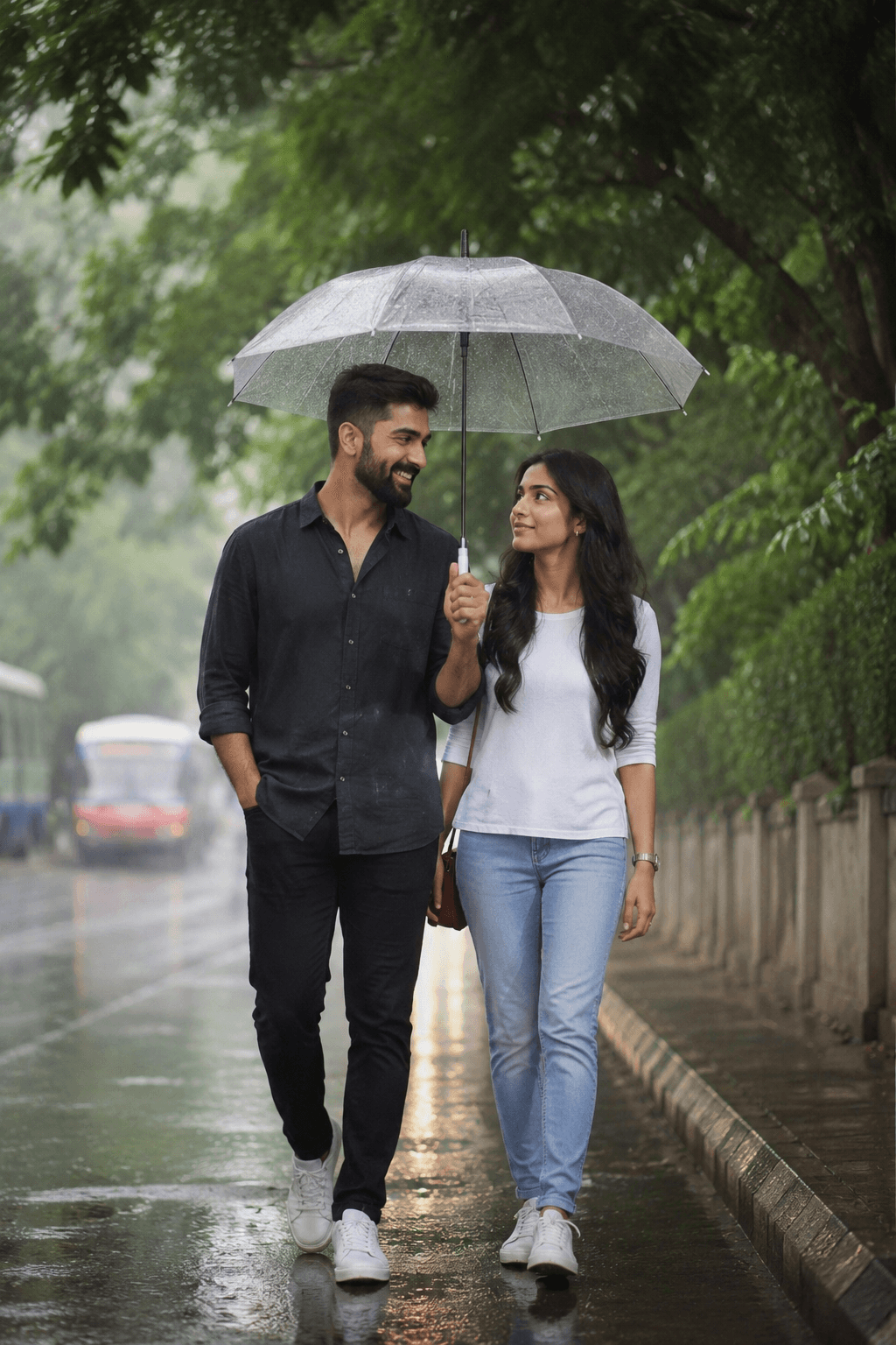 Result generated from Ultra Realistic Romantic Rain Walk Couple AI Photo Prompt | Cinematic Love Story Under Umbrella