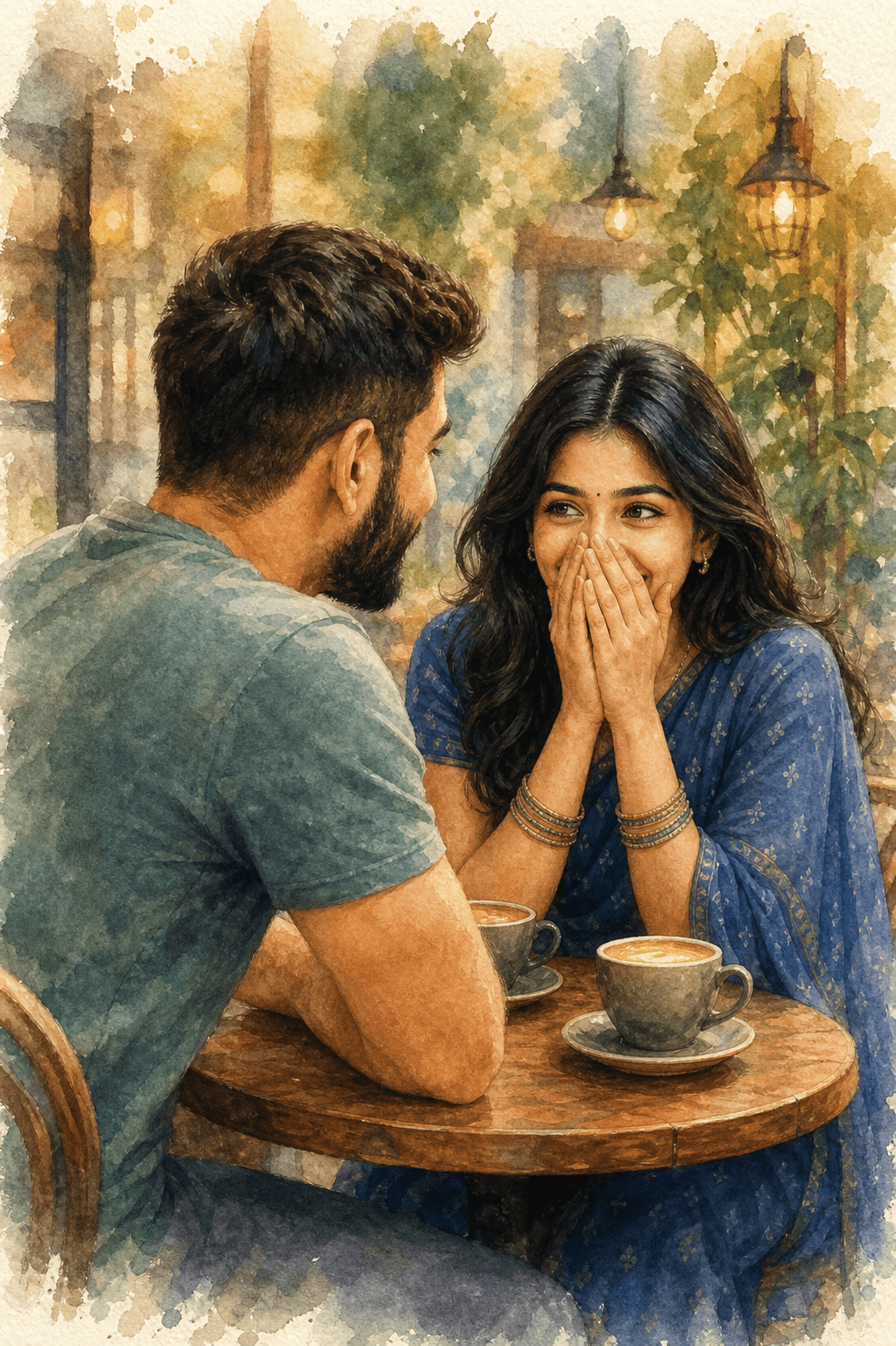 Result generated from Romantic Couple Watercolor Illustration Prompt | AI Art Prompt for Cozy Café Scene, Realistic Portrait Style