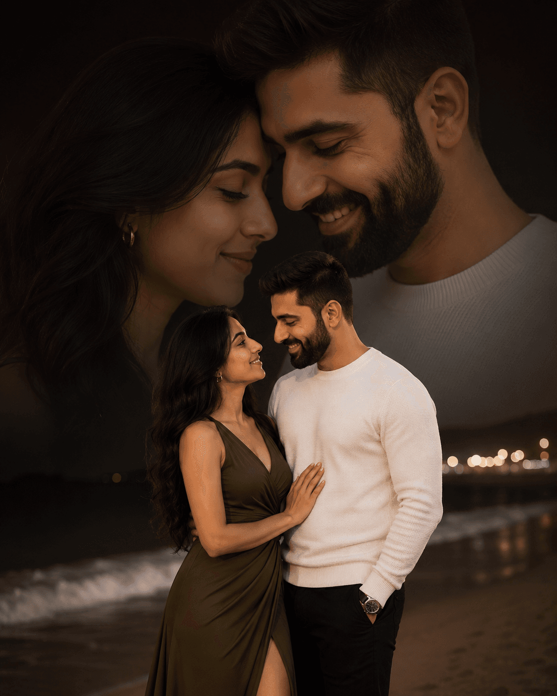 Result generated from Ultra Realistic Romantic Double Exposure Couple Portrait Prompt | Cinematic Indian Beach Night AI Photo Prompt
