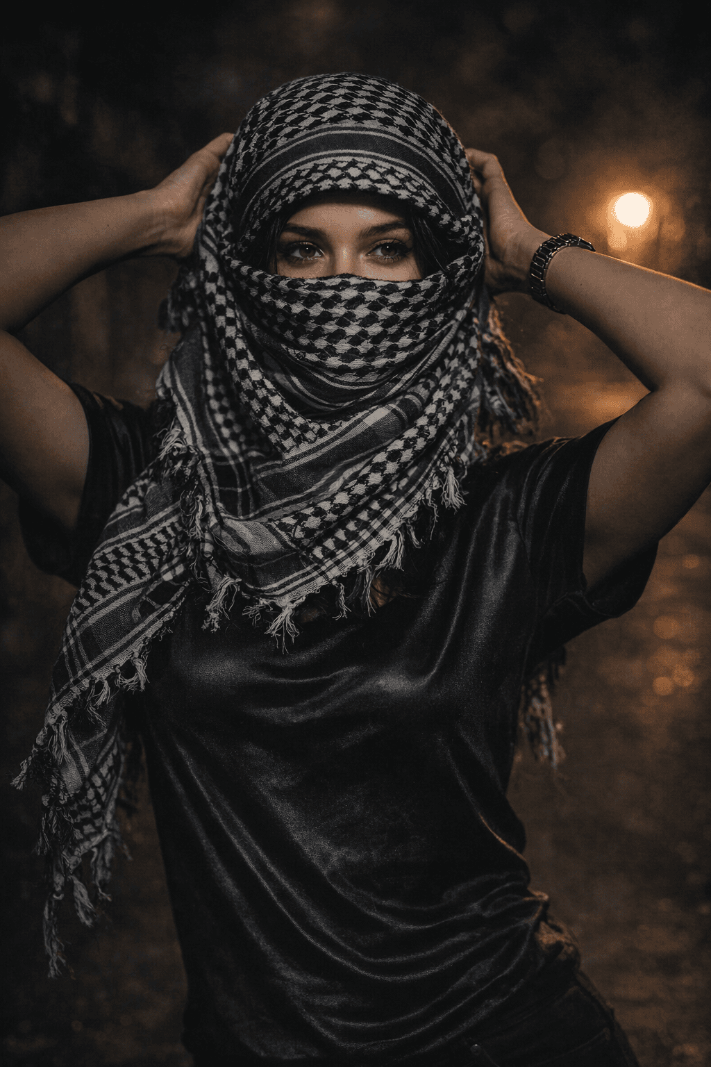 Result generated from Night Portrait Photo Editing Prompt – Cinematic Low Light Portrait With Keffiyeh (8K)