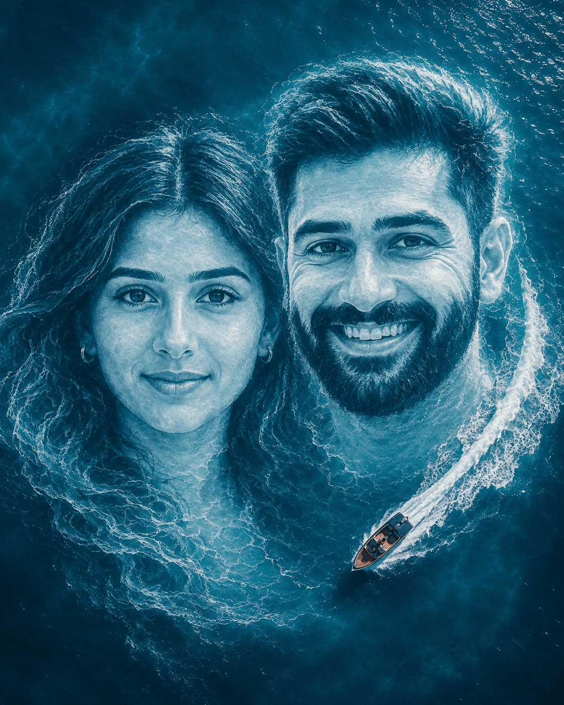 Result generated from Ultra Realistic Ocean Face Illusion Prompt | Aerial Drone View Couple Wave Portrait with Jet Boat