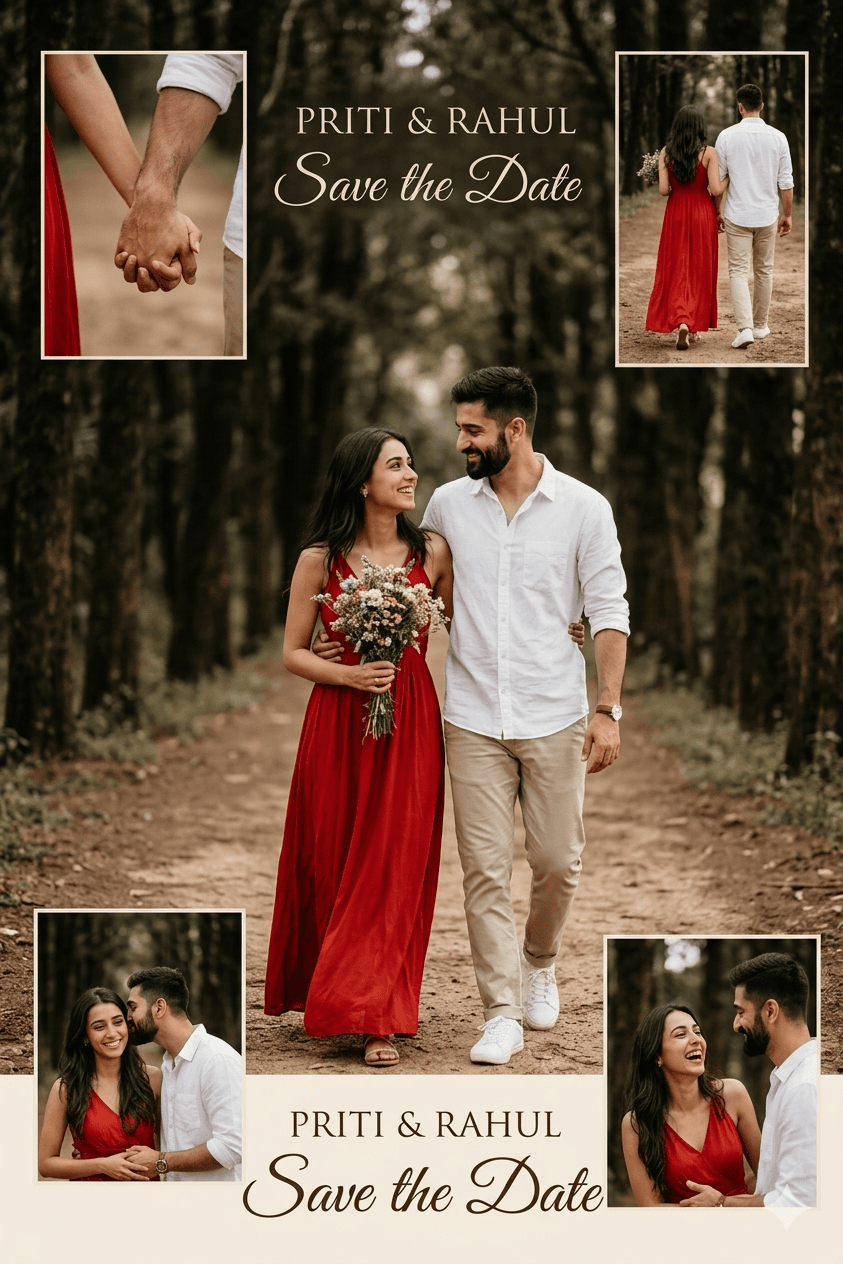 Result generated from Midjourney AI Prompt for Consistent Pre-Wedding Couple Photoshoot Collage | Custom Face Swap Wedding Poster