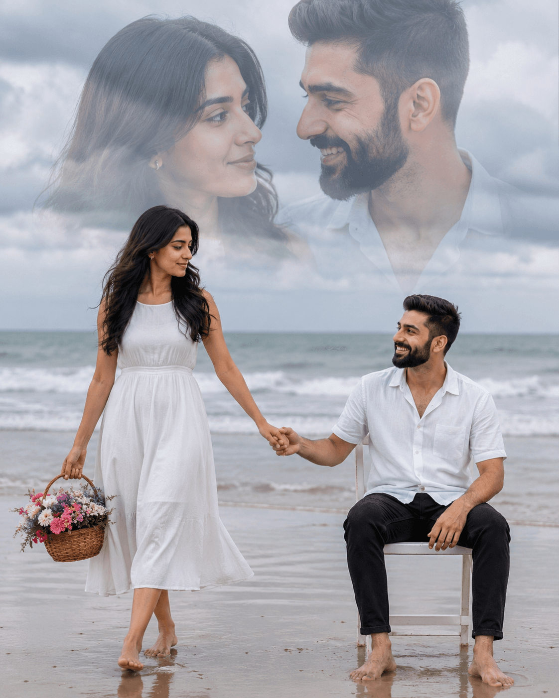 Result generated from Ultra Realistic Romantic Couple Double Exposure Beach Portrait Prompt | Cinematic AI Photo Prompt