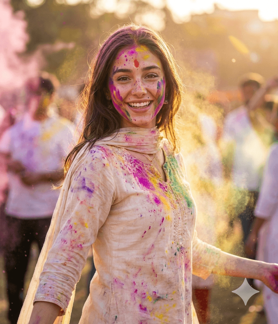 Result generated from A young woman celebrating the vibrant festival of Holi