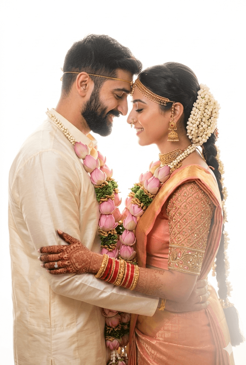 Result generated from Intimate South Indian Bride & Groom AI Prompt (Peach Kanjeevaram & Lotus Garlands)