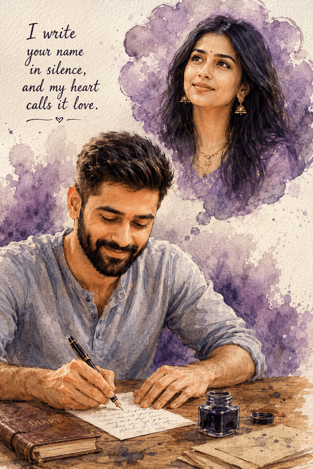 Result generated from Romantic Watercolor Couple Portrait Prompt for AI Art | Dreamy Letter Writing Scene