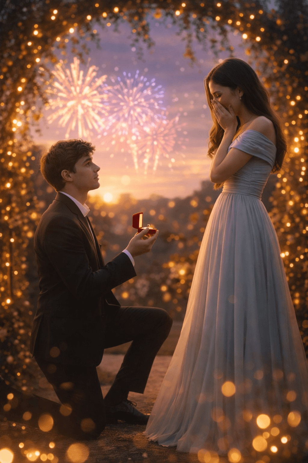 Result generated from Romantic Proposal Scene in Garden with Fireworks – Cinematic Engagement Photography Prompt