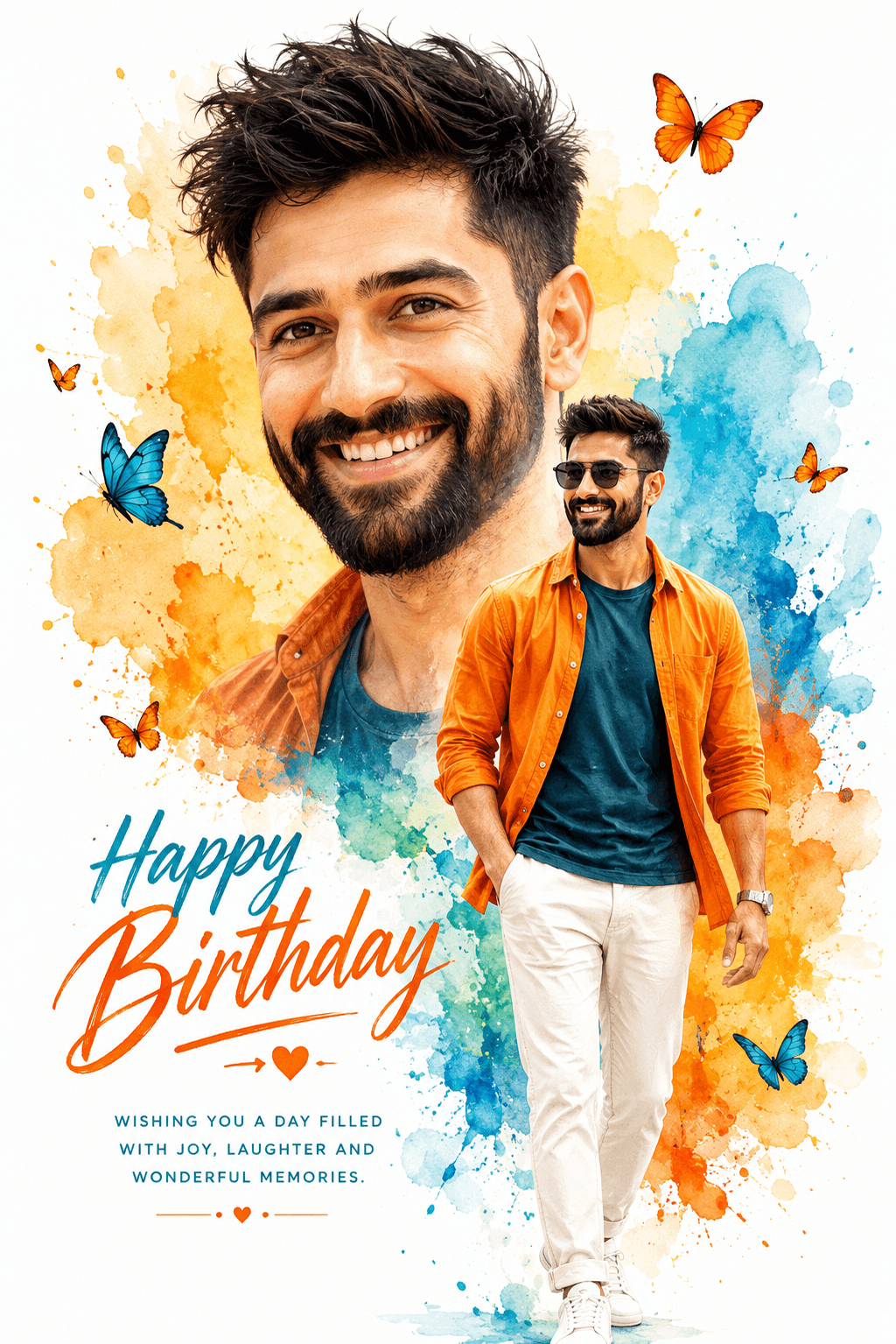 Result generated from Creative Watercolor Splash Birthday Poster Prompt | Double Exposure Male Portrait with Butterflies & Vibrant Colors
