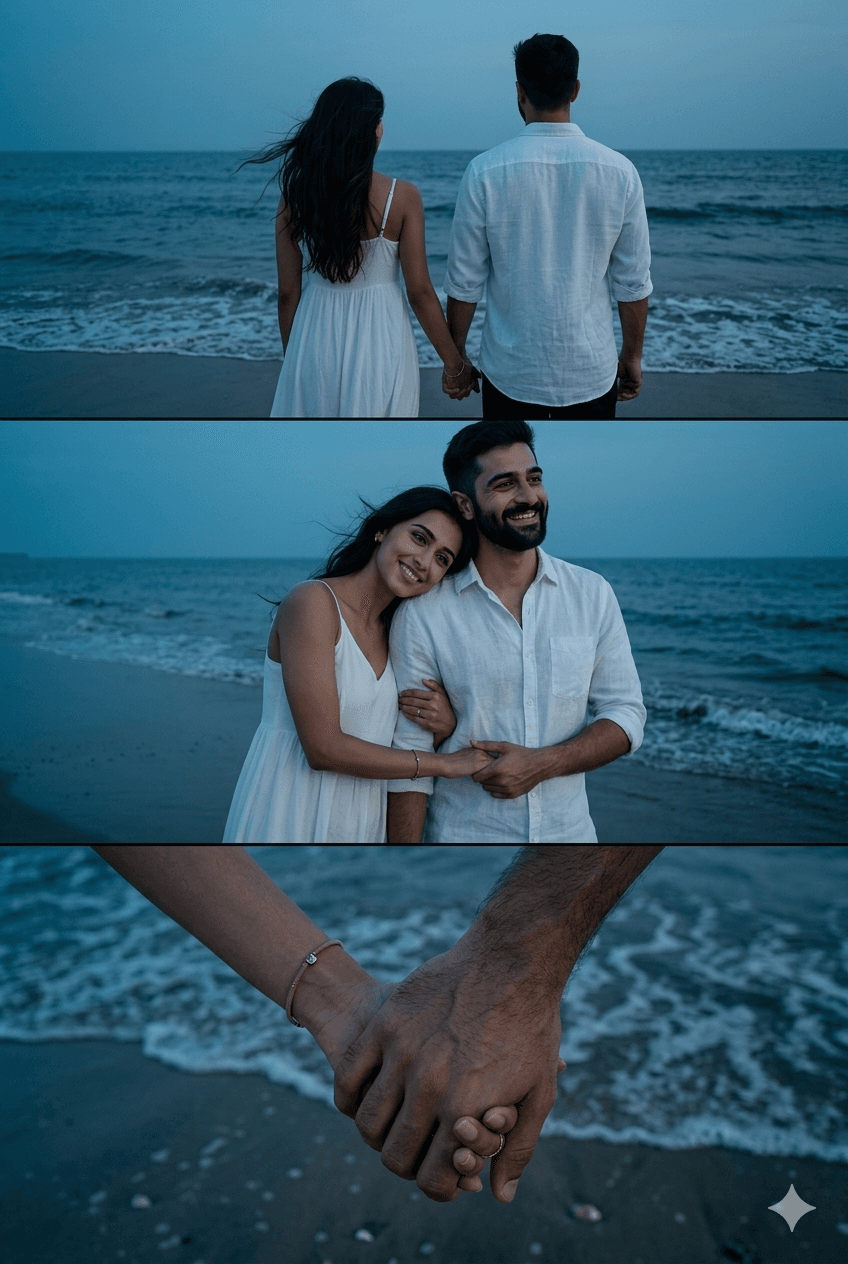Result generated from Cinematic Blue Hour Couple Storyboard - 3-Panel Film Strip Prompt