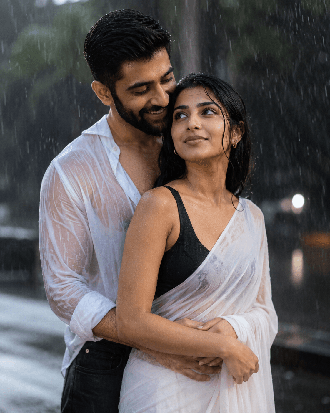 Result generated from Hyper Realistic Rain Couple Portrait Prompt | Cinematic Saree Romance AI Photo Prompt