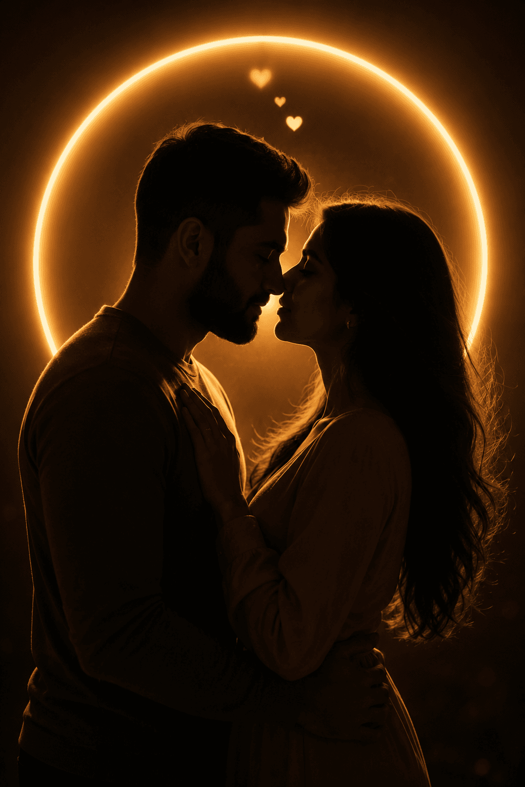 Result generated from Romantic Cinematic Couple Silhouette Prompt | Golden Halo Love Portrait in 4K