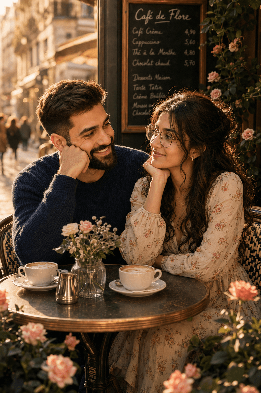 Result generated from Romantic Parisian Café Couple Prompt | Cinematic Golden Hour Portrait AI Prompt