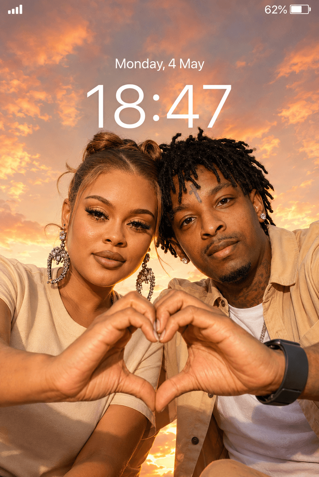 Result generated from Realistic Couple Sunset Selfie Lockscreen Prompt | Heart Hands Pose | Cinematic Golden Hour AI Photo