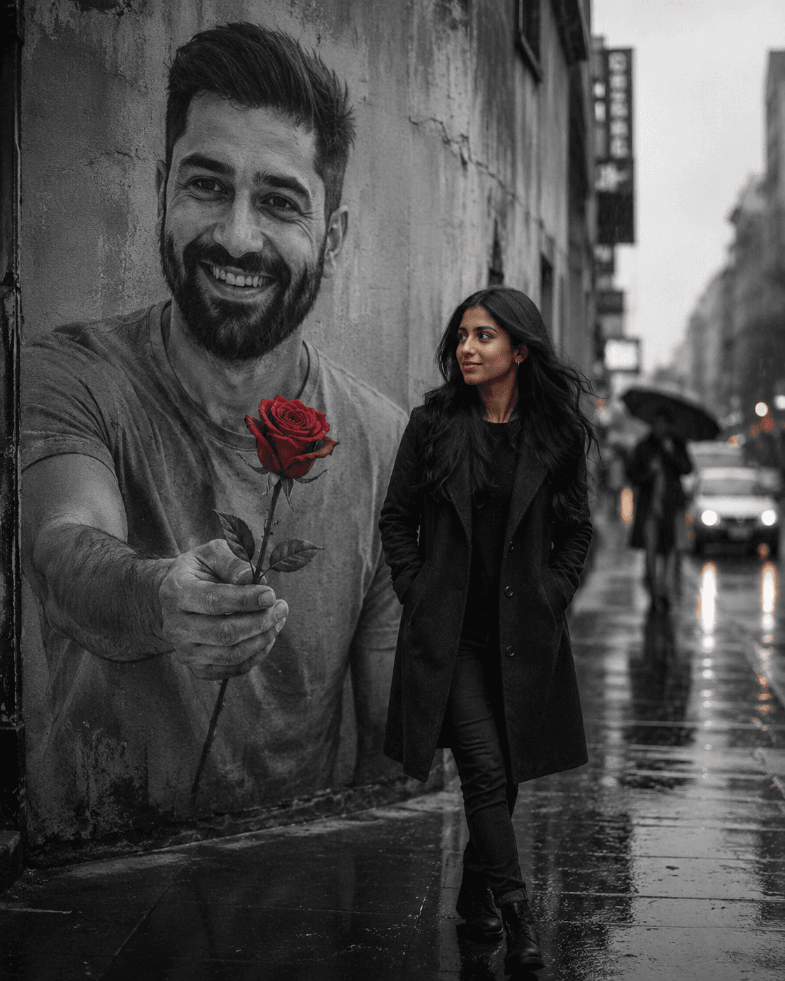 Result generated from Ultra Realistic Rainy Street Love Story Prompt | Cinematic Mural Rose Photography AI Prompt
