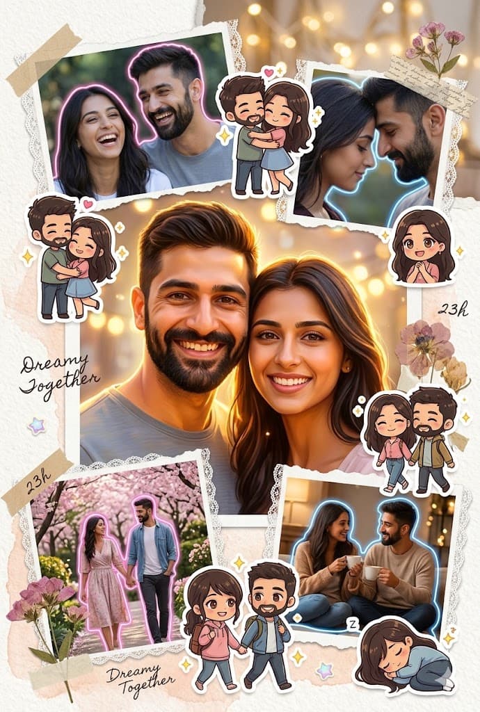 Result generated from Romantic Scrapbook Couple Portrait Prompt – Multimodal Collage & Chibi Art