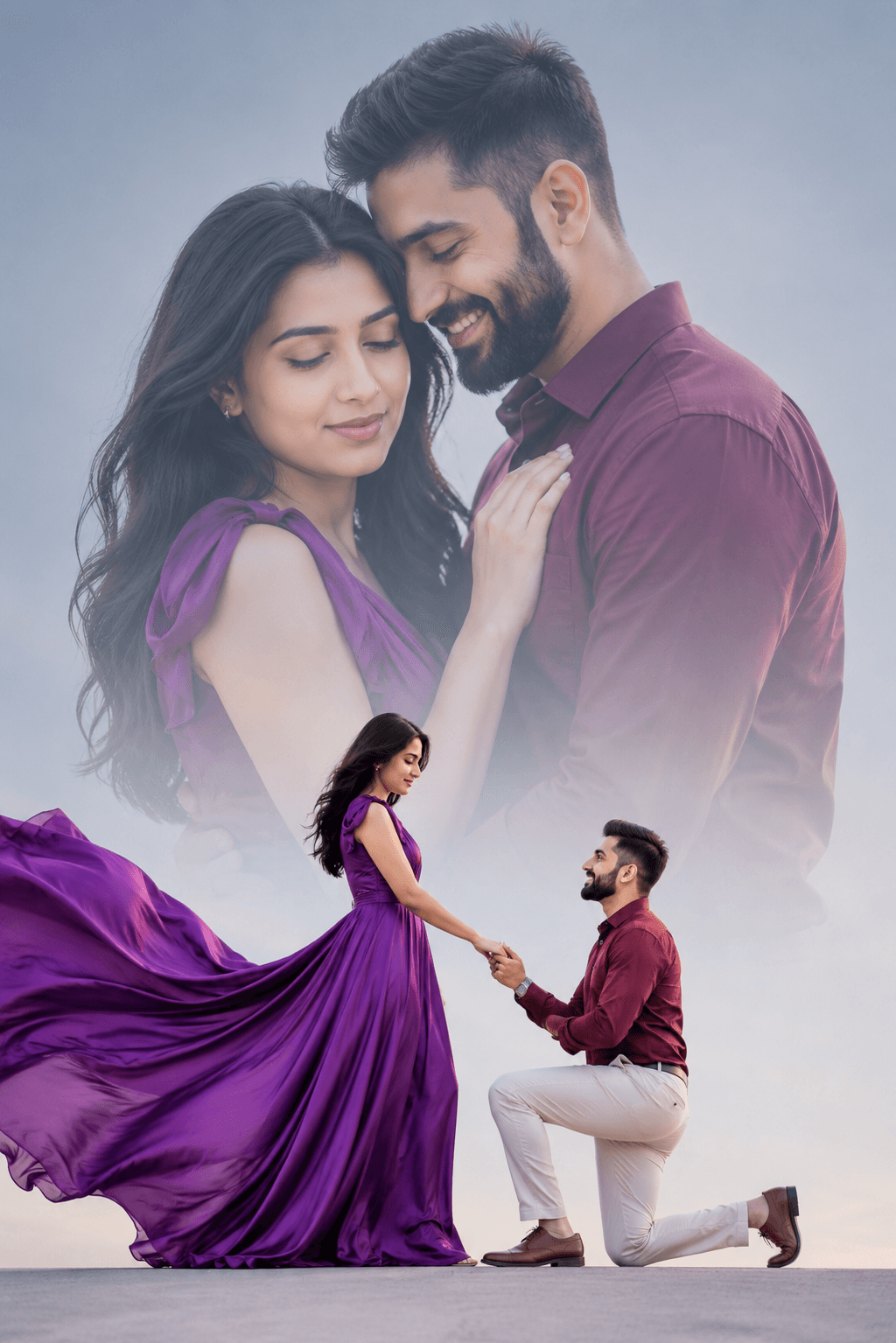 Result generated from Dreamy Double Exposure Couple Proposal Prompt | Cinematic Pre-Wedding AI Photography Prompt