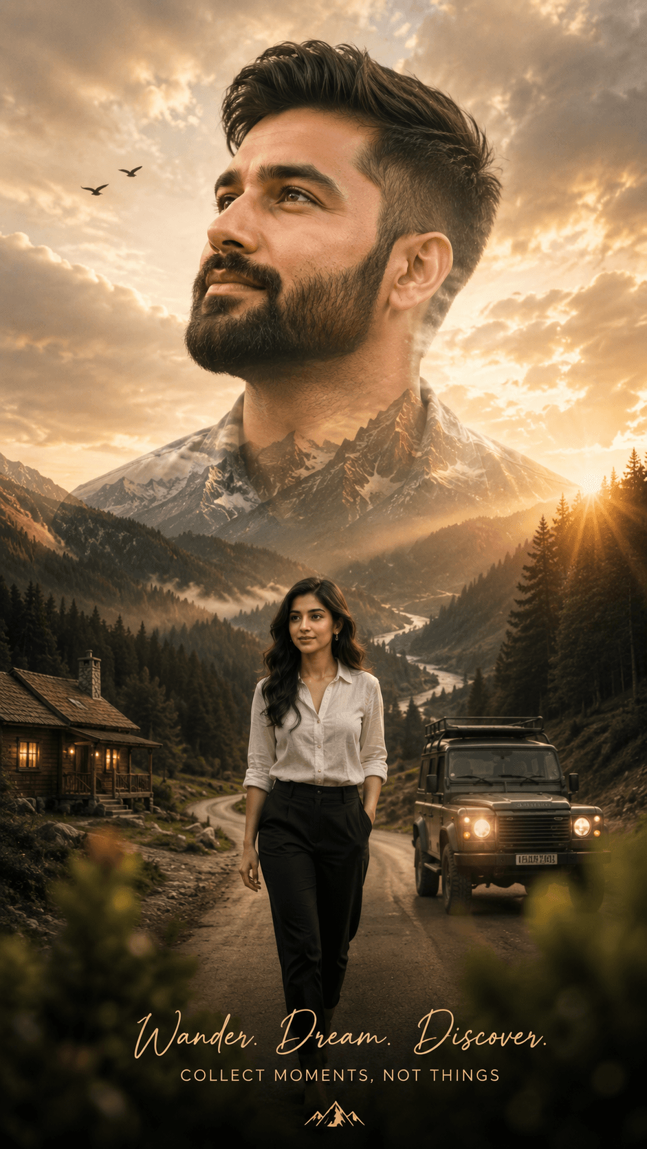 Result generated from Double Exposure Travel Portrait Prompt | Cinematic Mountain Adventure Poster with Man & Woman | Midjourney v6.1