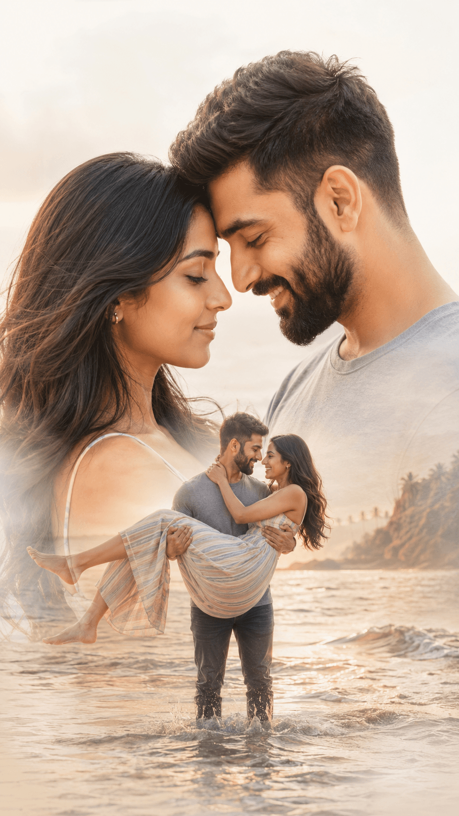 Result generated from Dreamy Romantic Double Exposure Couple Portrait Prompt | Cinematic Beach Love Scene | Ultra Realistic Golden Hour AI Art Prompt