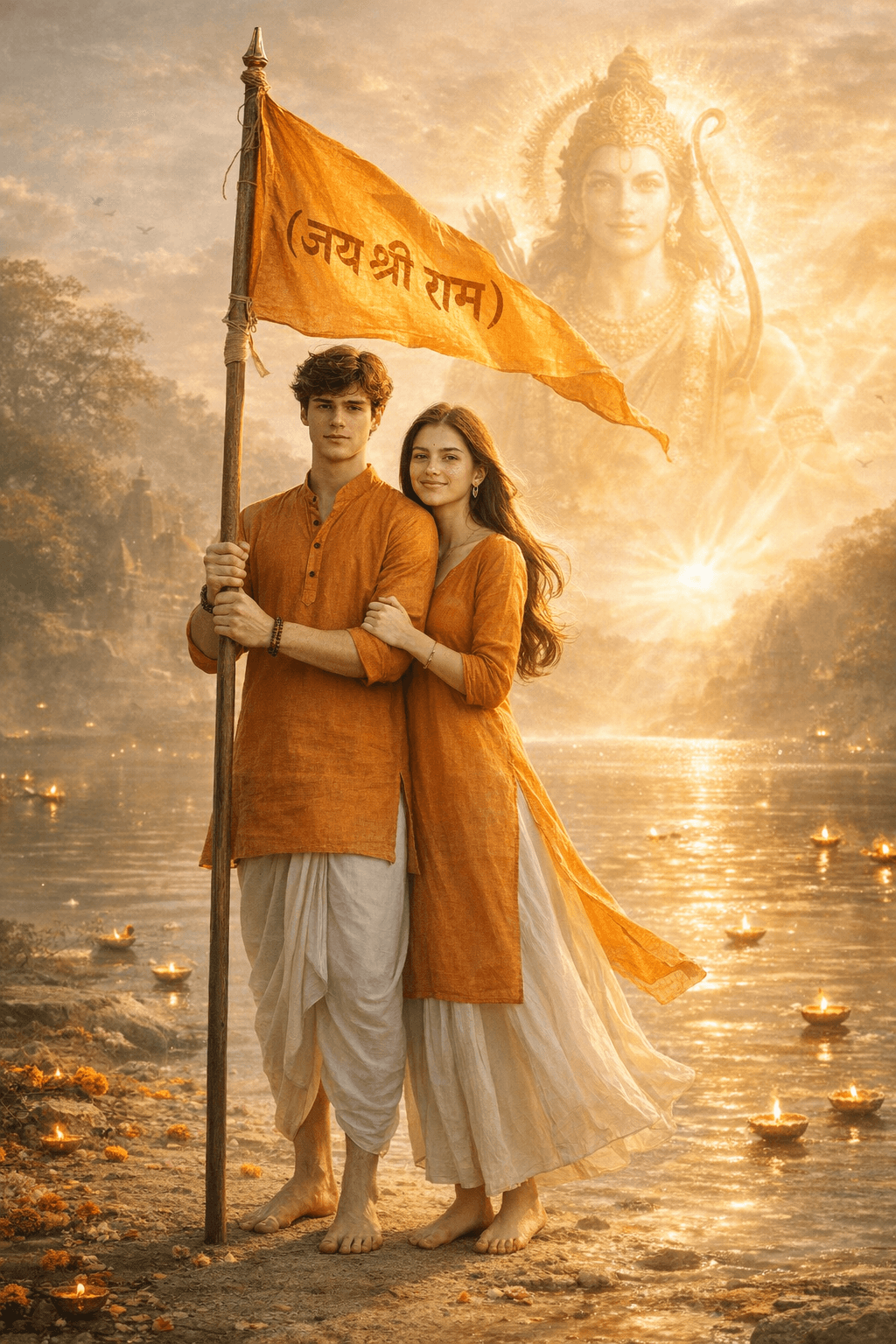 Result generated from Hyper Realistic Couple Devotional AI Prompt – Jai Shree Ram Riverside Scene (8K Cinematic Spiritual Portrait)