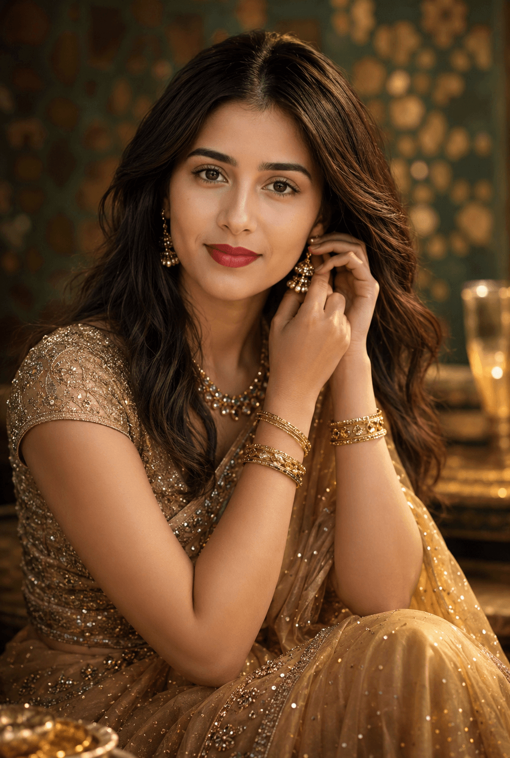 Result generated from Elegant South Asian Woman Portrait Prompt | Golden Saree Ethnic Fashion Photography AI Prompt