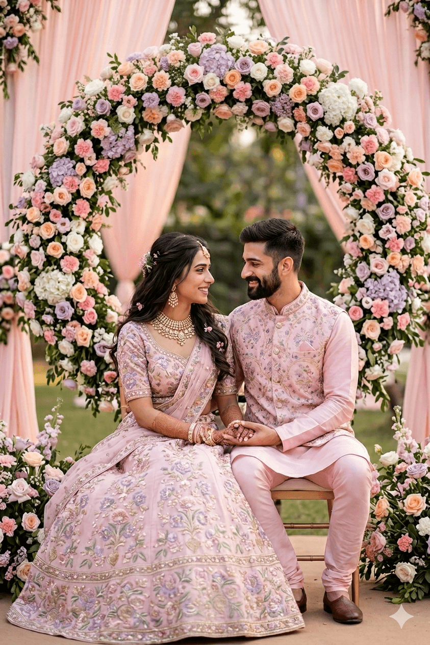 Result generated from Elegant Pastel Pink South Asian Wedding Couple Portrait, High-Resolution Editorial Style