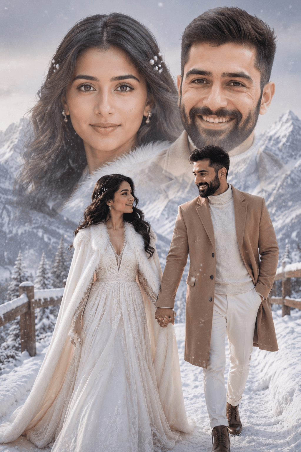 Result generated from Dreamy Double Exposure Snowy Mountain Couple Portrait Prompt | Ultra Realistic Cinematic Winter AI Photo
