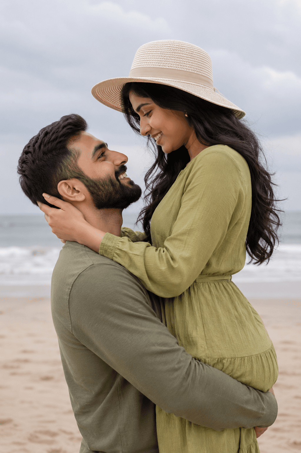 Result generated from Romantic Beach Couple Portrait Prompt | Cinematic South Asian Love Story Photography