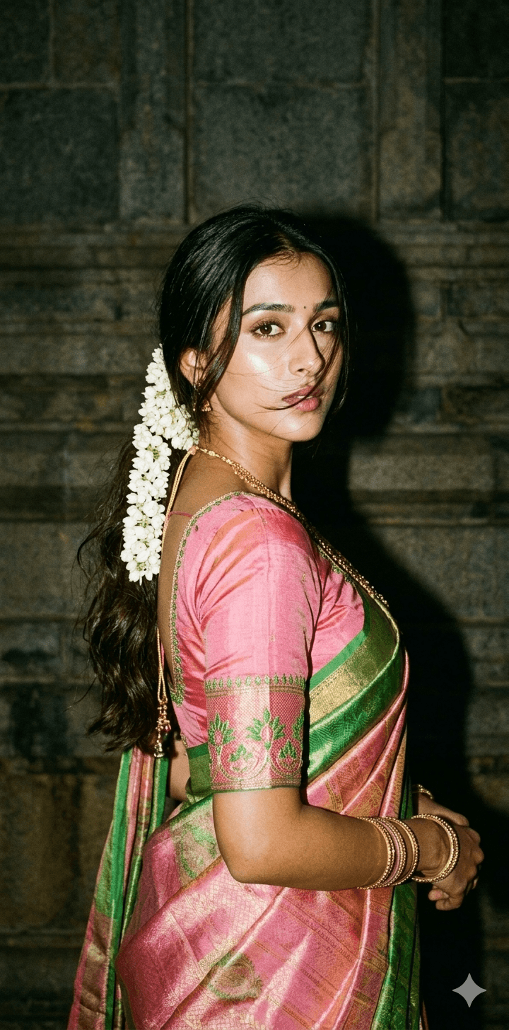 Result generated from 90s Vintage South Indian Cinematic Portrait – Film Grain Saree Aesthetic
