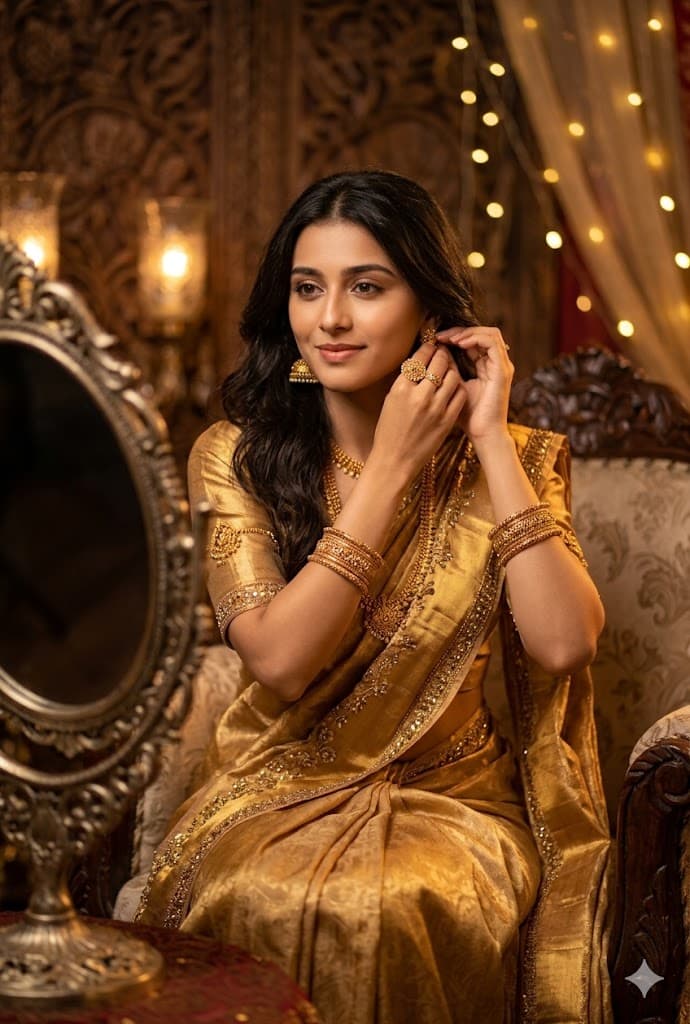 Result generated from Elegant South Asian Woman in Golden Saree | Ultra Realistic Ethnic Portrait