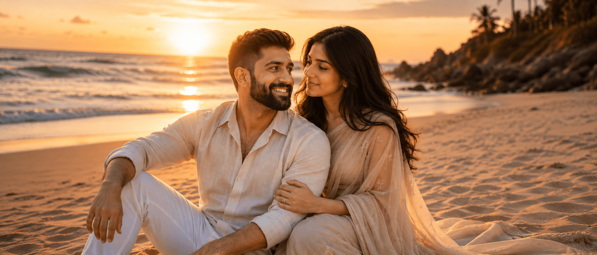 Result generated from Intimate AI Photo Prompt: Indian Couple in Beige Saree at Beach Sunset