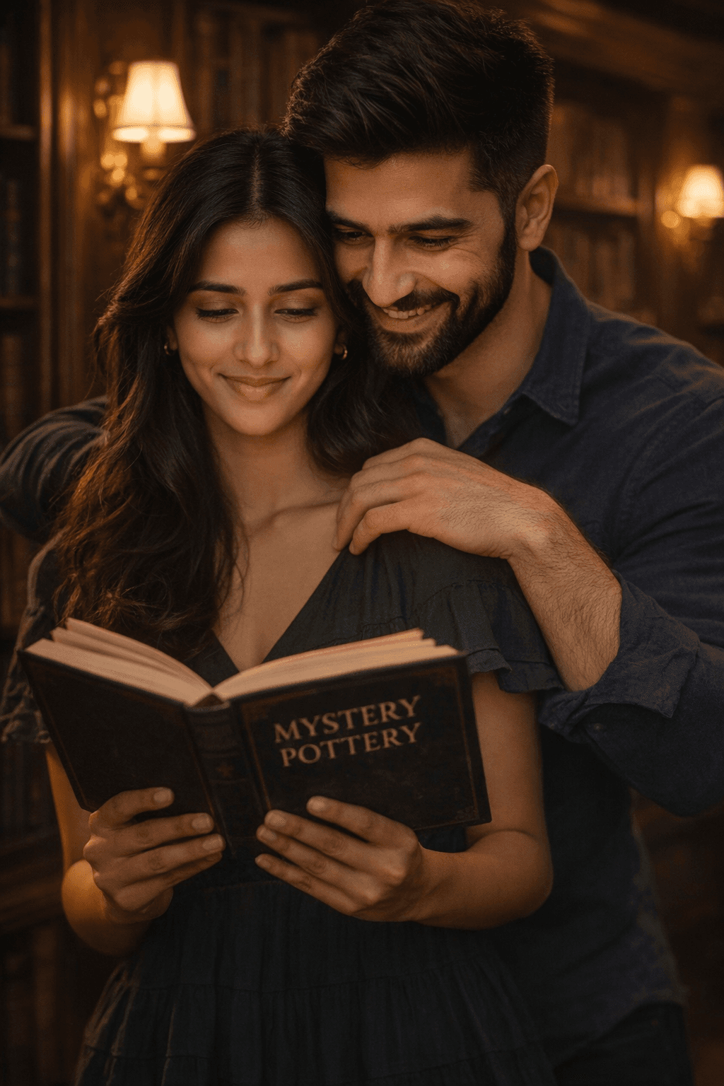 Result generated from Cinematic Romantic Couple AI Photo Prompt – Cozy Library Scene with Warm Lighting