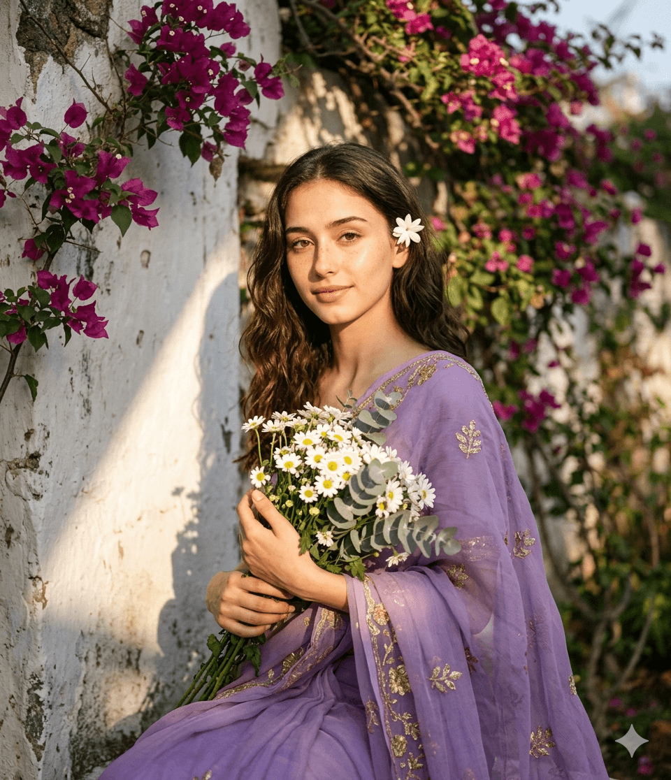 Result generated from Romantic AI Art: Woman in Purple Saree Holding White Daisies | Soft Sunlit Aesthetic
