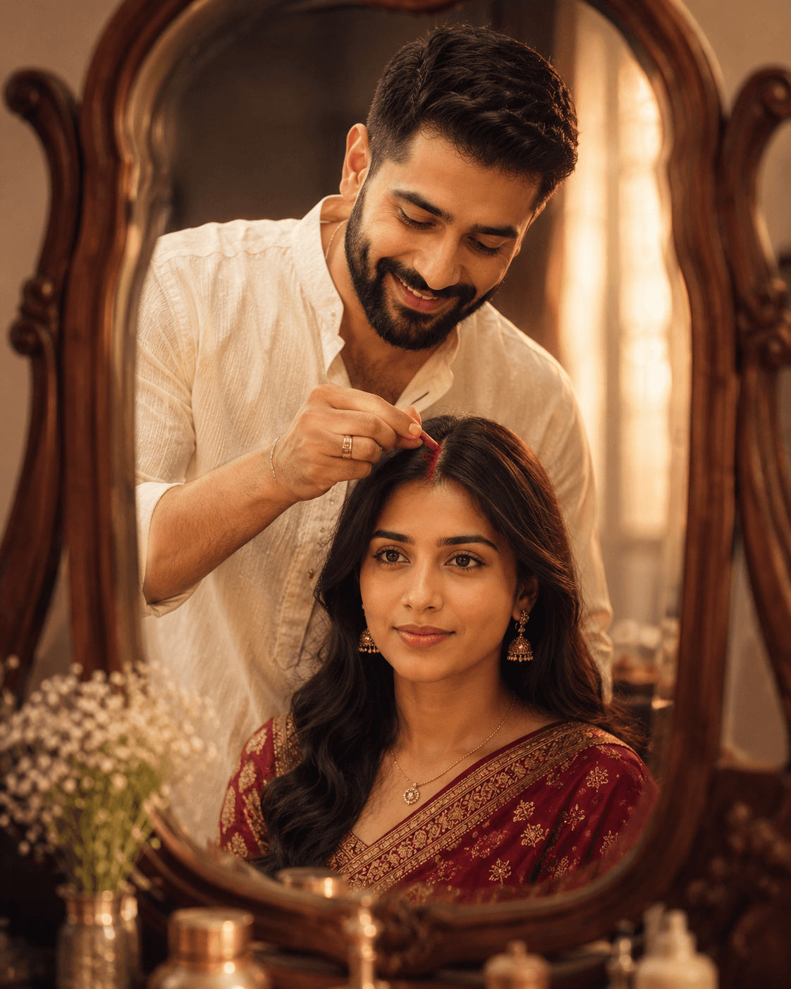 Result generated from Romantic Indian Couple Sindoor Ceremony AI Prompt | Cinematic Wedding Portrait Prompt