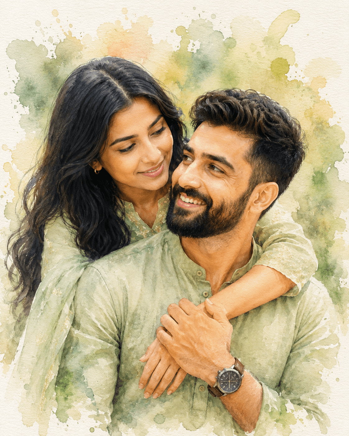Result generated from Romantic Indian Couple Watercolor Portrait Prompt | Soft Pastel AI Art Prompt