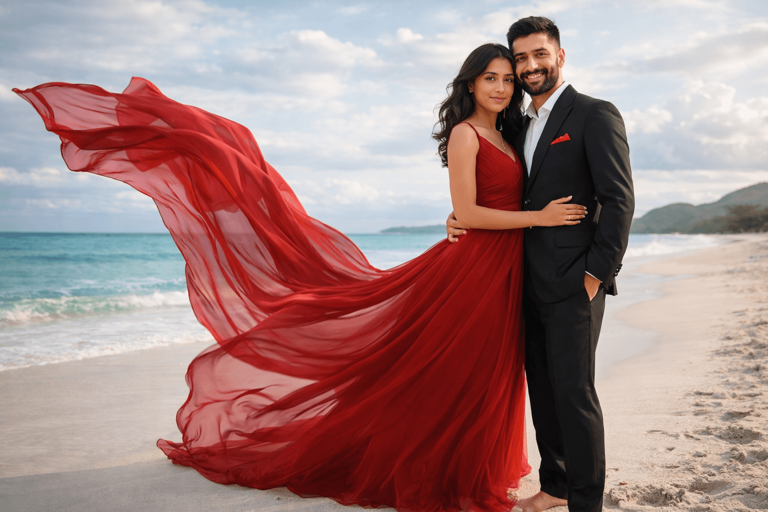 Result generated from Cinematic Beach Couple AI Photo Prompt | Romantic South Asian Portrait Style