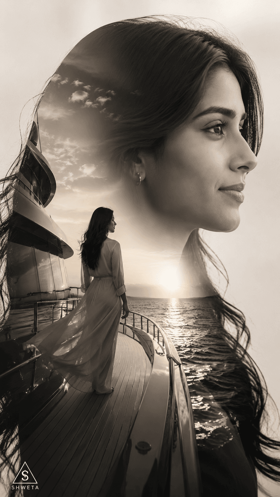 Result generated from Luxury Yacht Double Exposure Portrait Prompt | Black & White Cinematic Travel Art with Face Lock