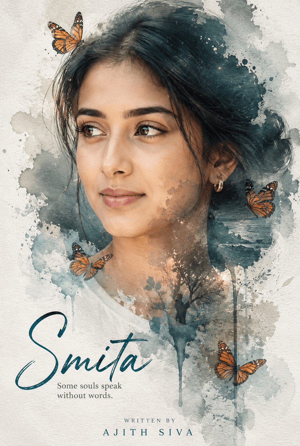 Result generated from Watercolor Double Exposure Portrait Prompt | Cinematic Butterfly Book Cover AI Art Prompt