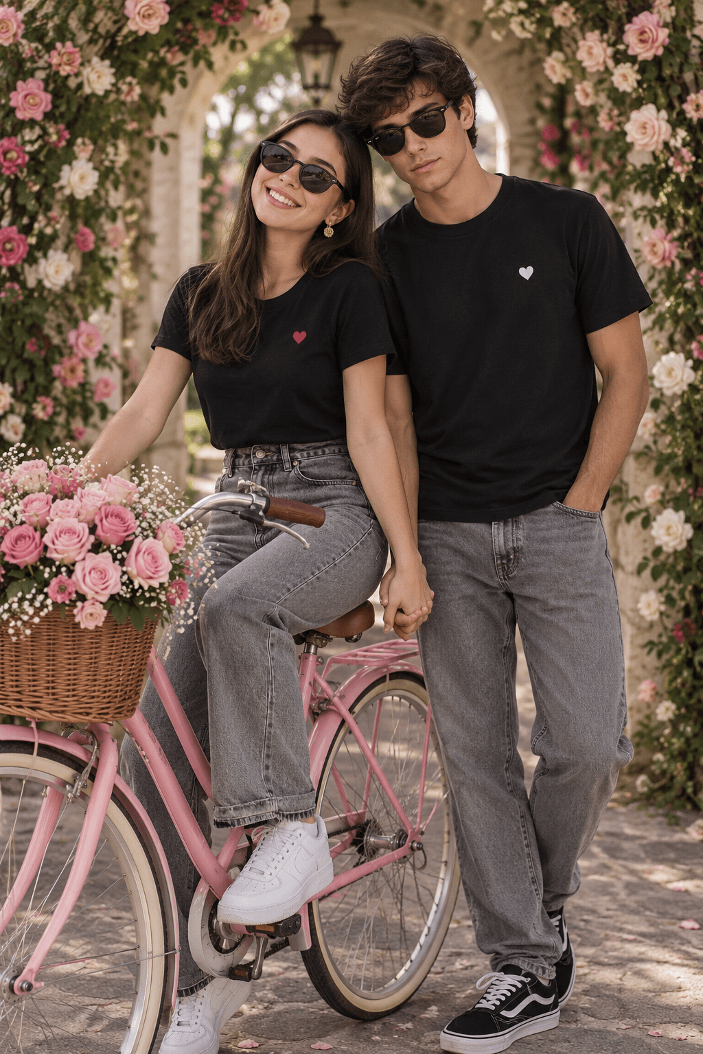 Result generated from Romantic Couple Photoshoot AI Prompt | Pink Bicycle & Rose Archway