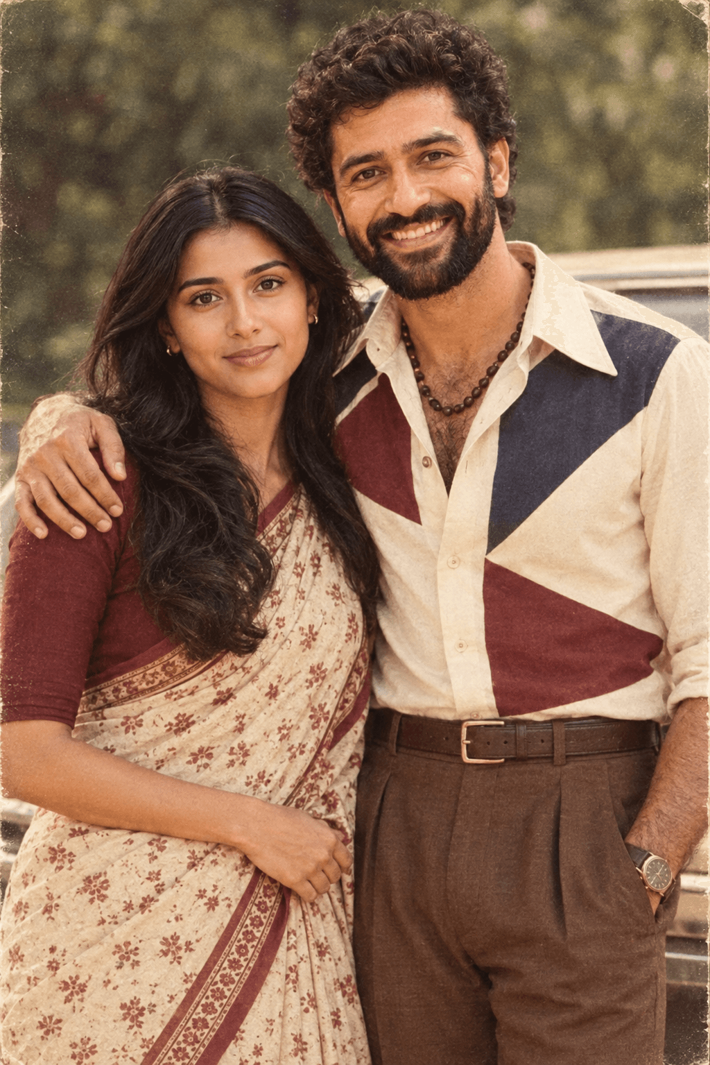 Result generated from Vintage 1970s 80s Couple Portrait AI Prompt | Retro Indian Couple Photography | Nostalgic Film Aesthetic