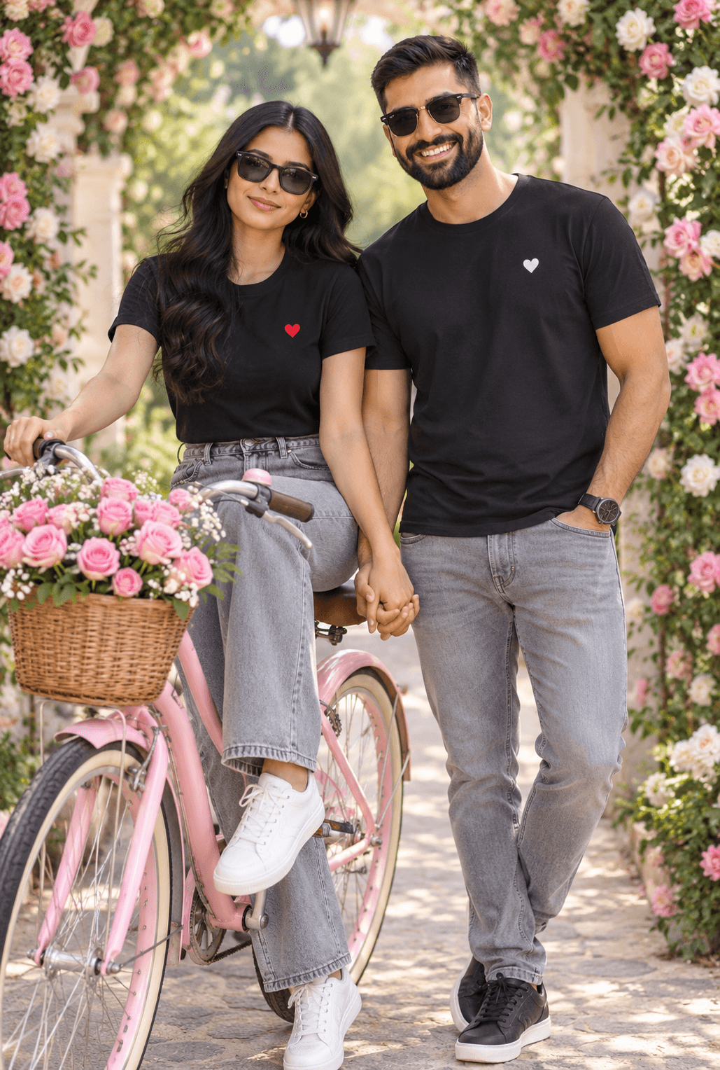 Result generated from Romantic Couple Floral Archway AI Photo Prompt | Pink Bicycle Love Story