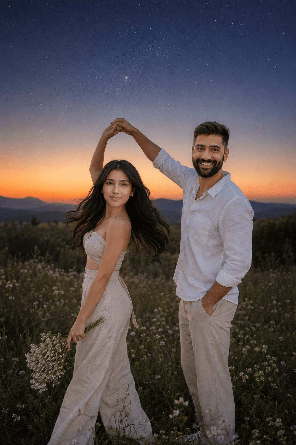 Result generated from Romantic Couple Dancing in a Wildflower Field at Blue Hour | Ultra-Realistic AI Photo Prompt