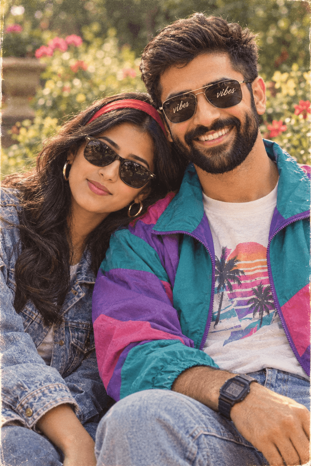 Result generated from 80s Vintage Couple AI Photo Prompt | Romantic Retro South Asian Couple Portrait | Cinematic Garden Photography
