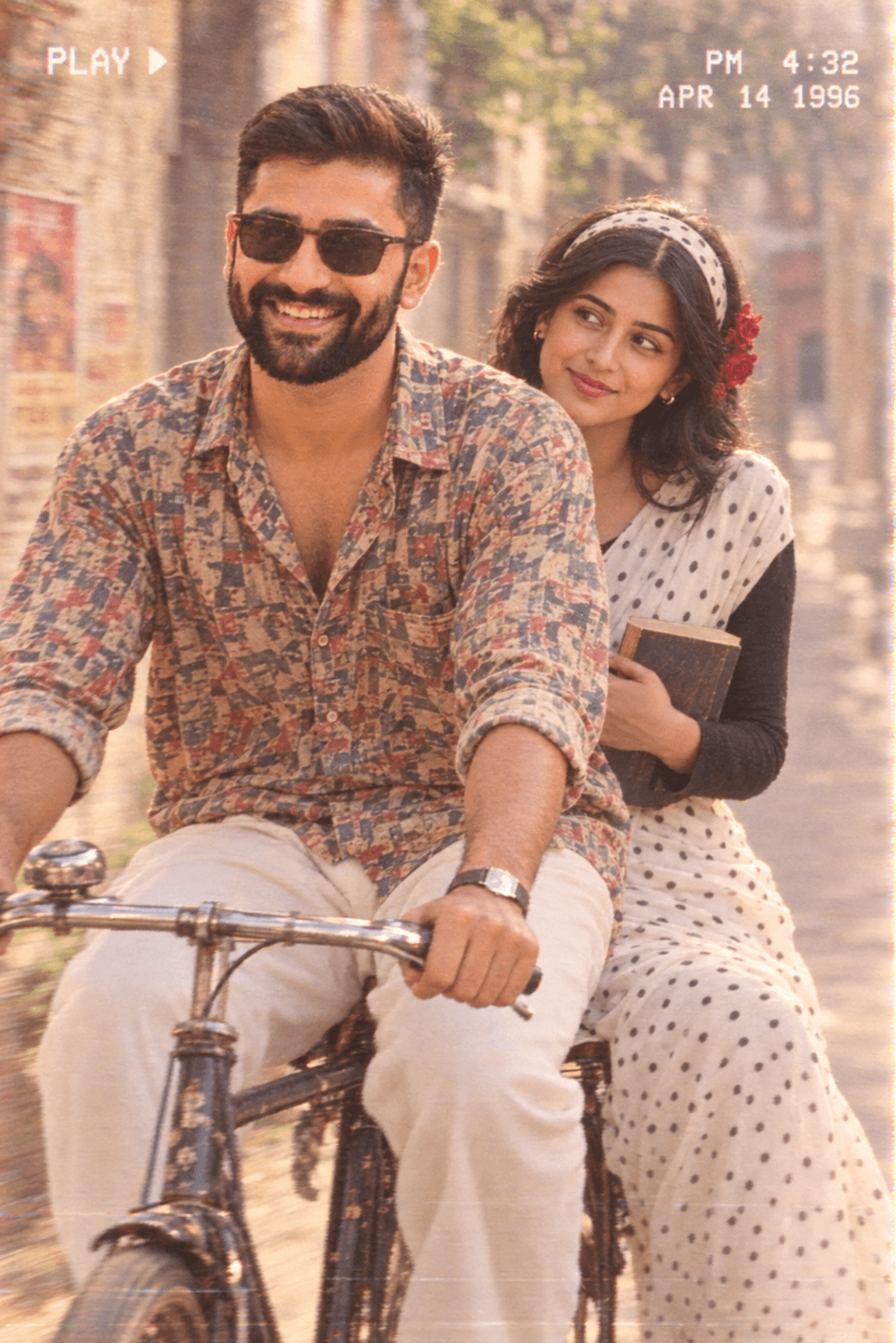 Result generated from 90s Retro Bollywood Couple AI Image Prompt | Vintage VHS Bicycle Romance Prompt