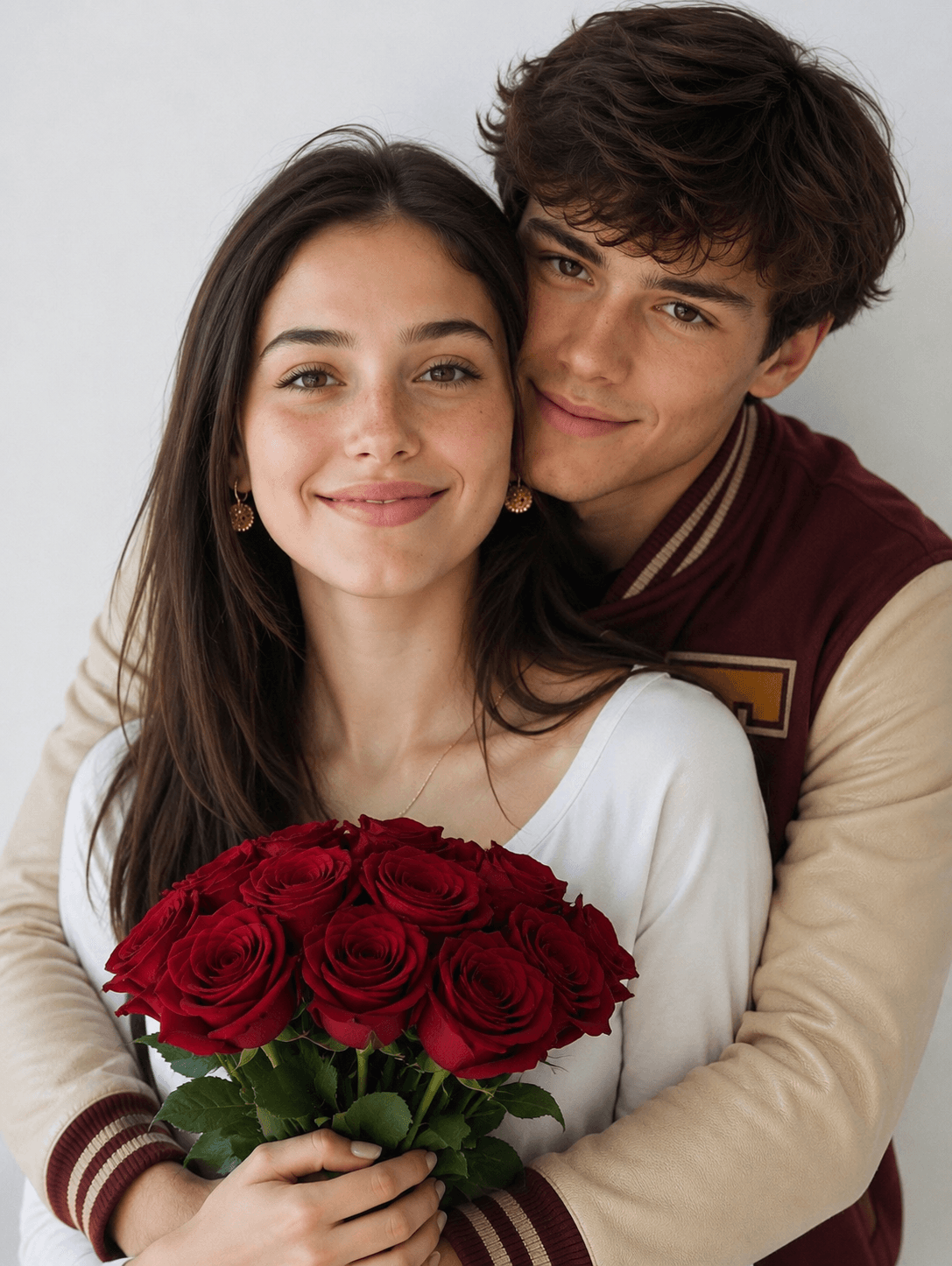 Result generated from Romantic Couple Hug AI Photo Prompt | Realistic Rose Bouquet Portrait