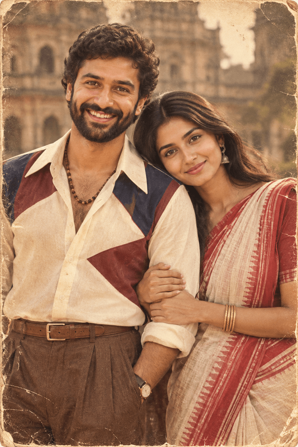 Result generated from Vintage 1970s Couple AI Photo Prompt | Retro Indian Love Story Portrait