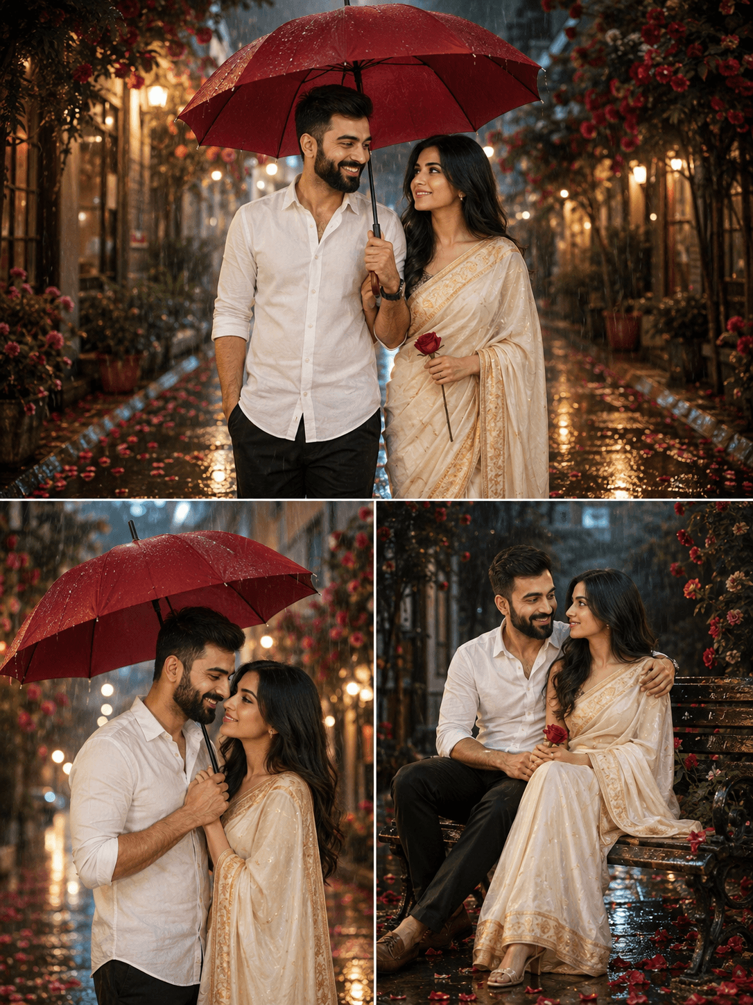 Result generated from Cinematic Rainy Couple Collage Prompt – Exact Face Match Romantic 8K Photo Editing Prompt