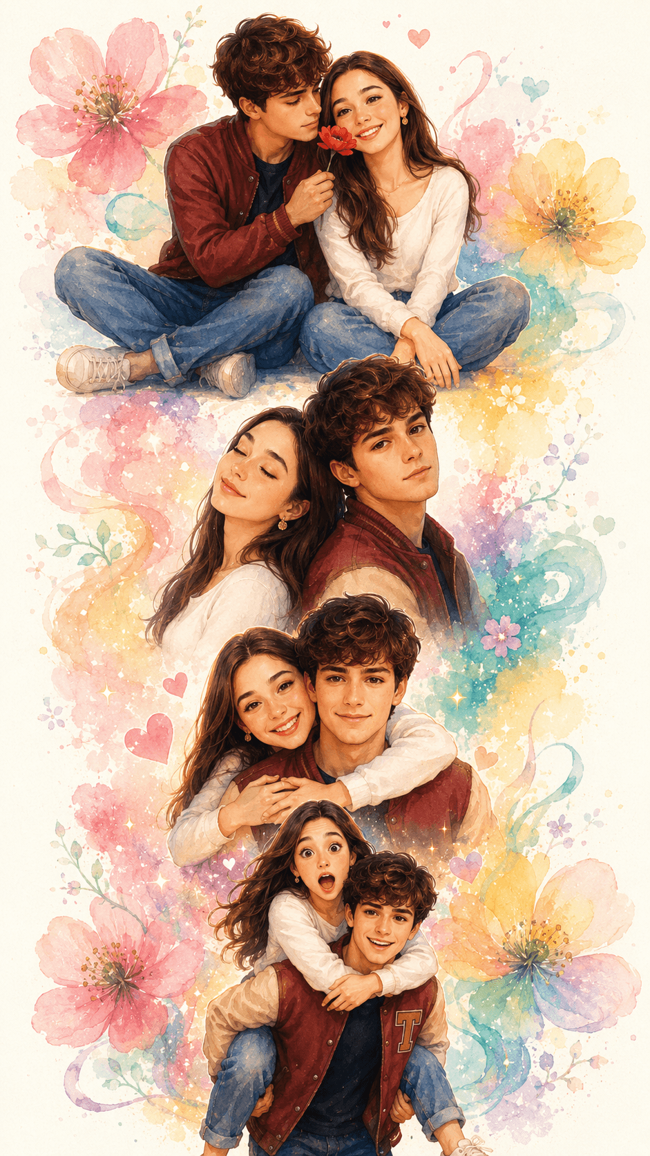 Result generated from Romantic 3D Anime Couple Collage Prompt | Watercolor Wallpaper 9:16 | Cute Love Illustration Template