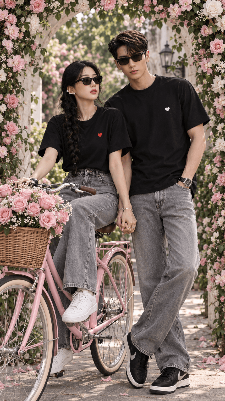 Result generated from Romantic Couple Bicycle AI Photo Prompt | Pink Flower Archway Couple Portrait