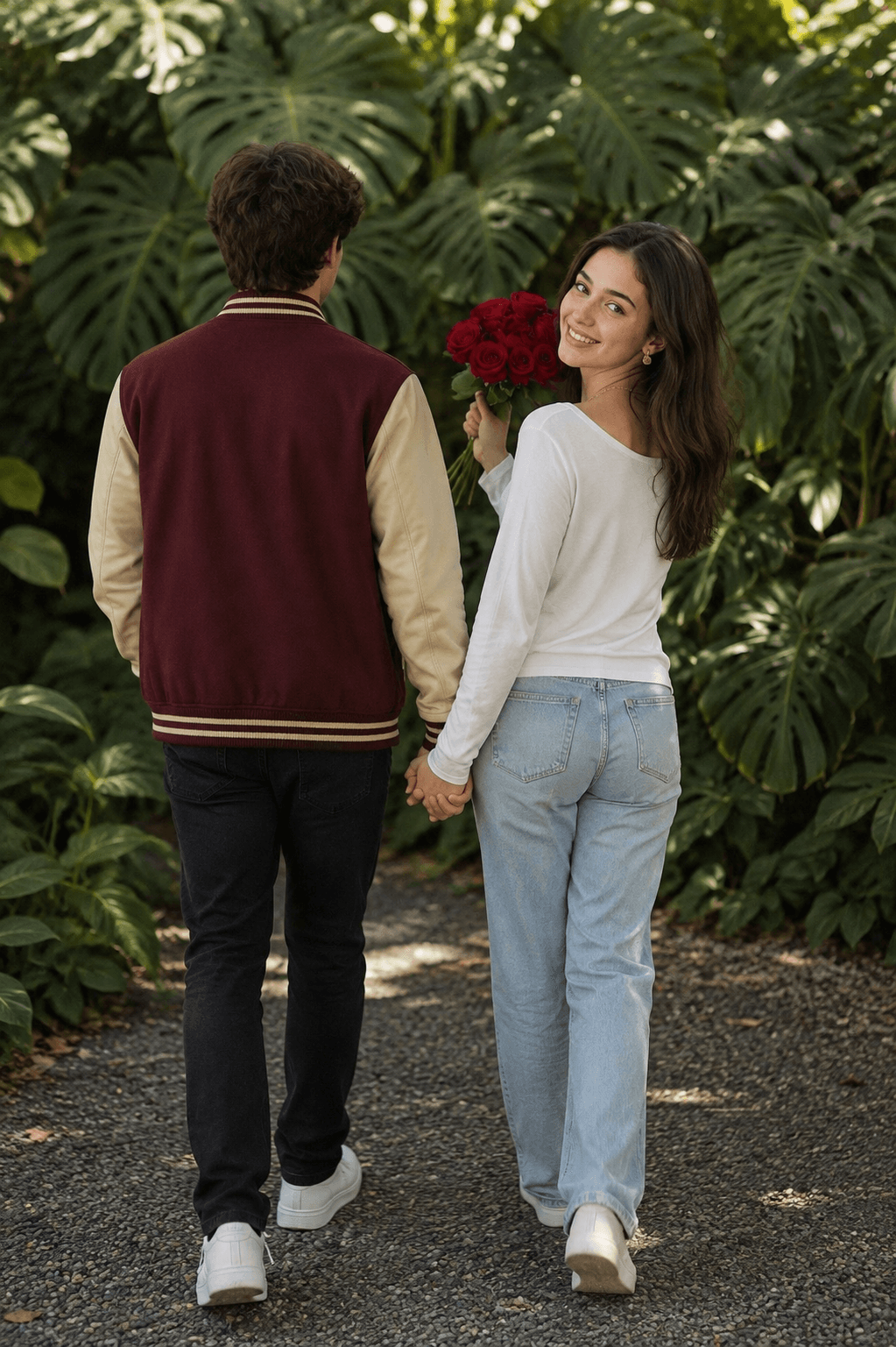 Result generated from Romantic Couple Walking Away AI Photo Prompt | Monstera Garden & Red Roses