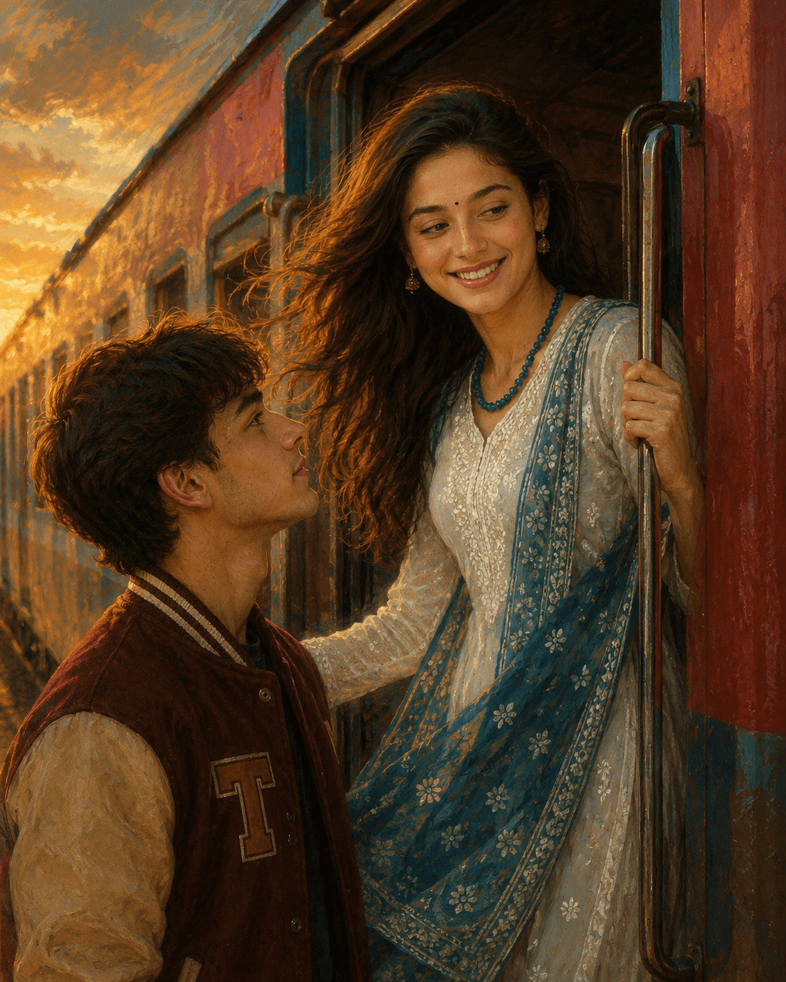 Result generated from Cinematic Romantic Train Couple Oil Painting AI Prompt | Golden Hour Love Portrait